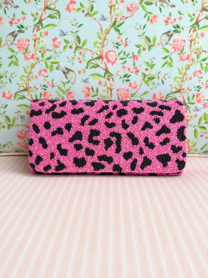 Glamfox - Hot Pink Leopard Beaded Clutch Crossbody