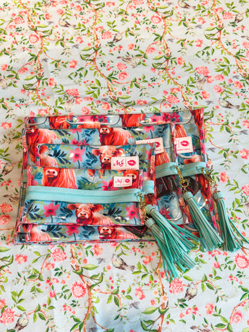 Makeup Junkie Bags - Teal Highland Cow Clear Top Flat Lay [Ready to Ship]