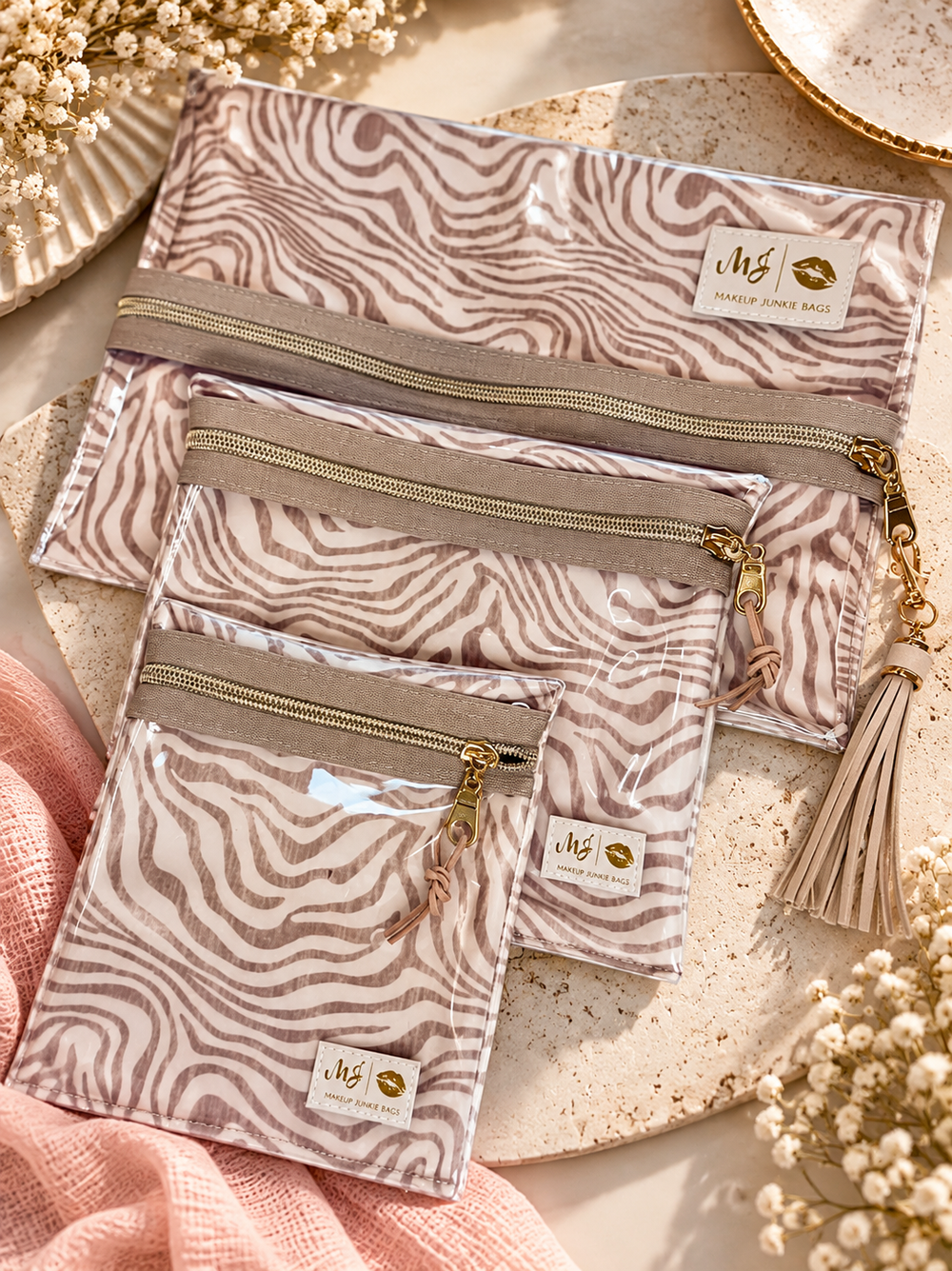Makeup Junkie X TMLL Beauty Co - Tan Zebra Travel Bags [Pre-Order] Ships 11/30