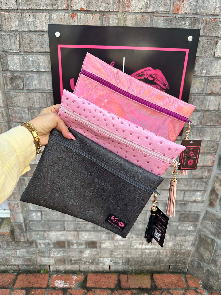 Makeup Junkie Bags - Grey Tooled Top Zip Flat Lay [Pre-Order]