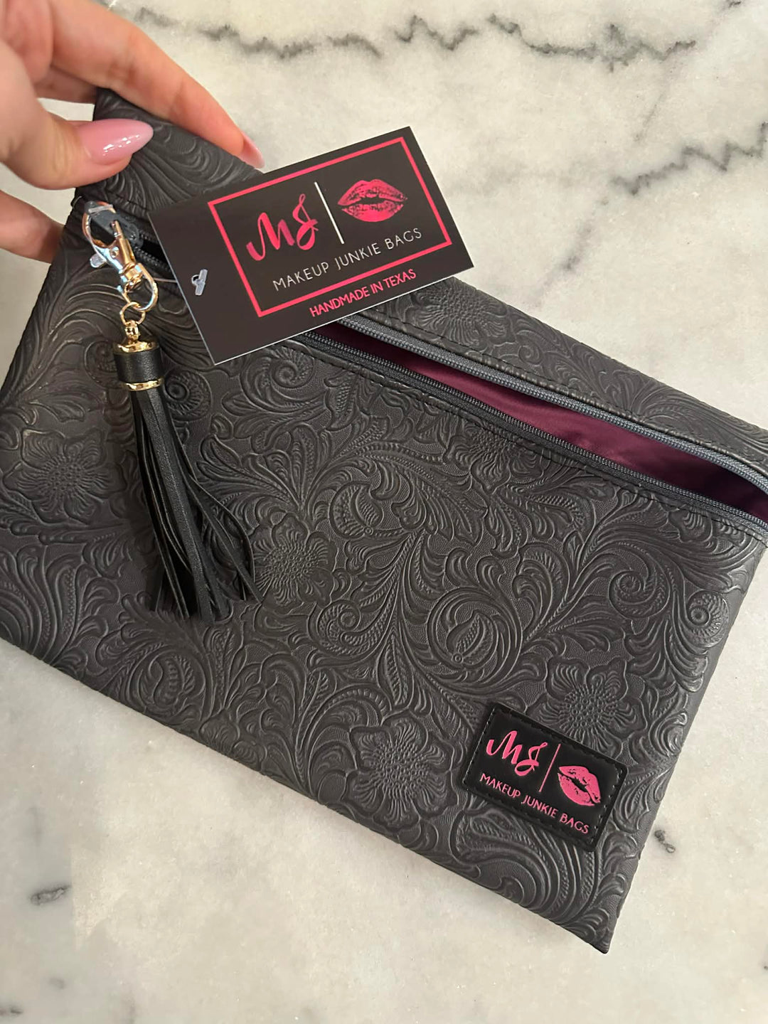 Makeup Junkie Bags - Grey Tooled Top Zip Flat Lay [Pre-Order]