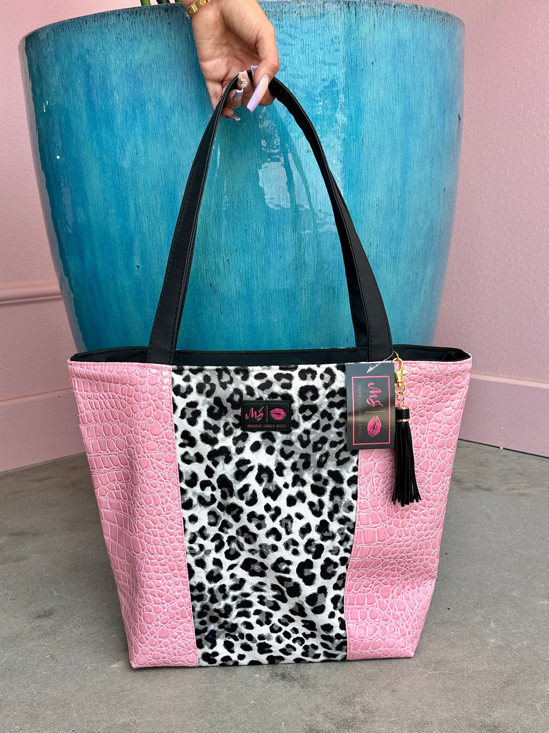 Makeup Junkie Bags - Jungle Cat Sable & Bubble Gum Gator Two Toned Tote [Ready to Ship]