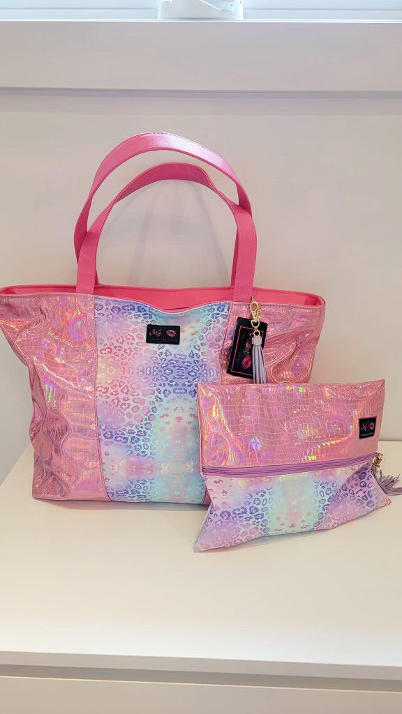 Makeup Junkie Bags - Pink Holographic Lover Leopard Two Toned Tote [Pre-Order] - Glamfox Exclusive