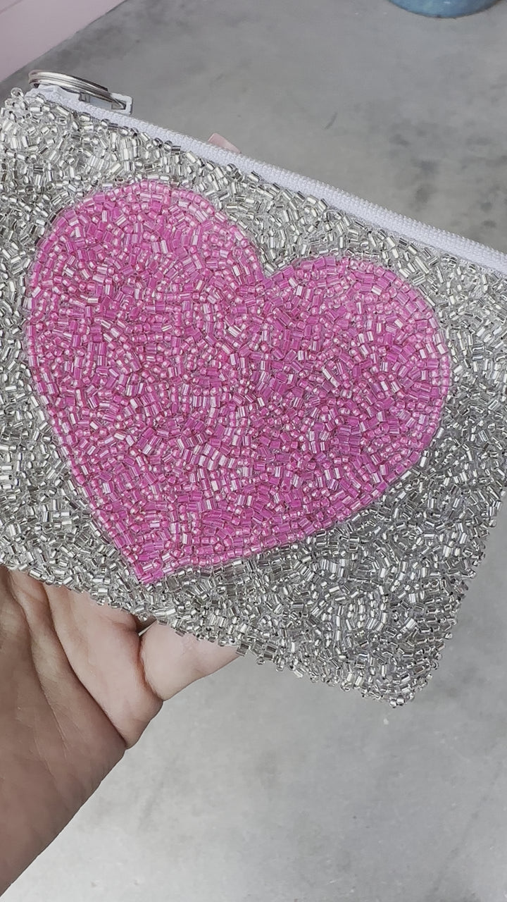 Glamfox - Silver Beaded Pink Heart Coin Purse- [Ready to Ship]