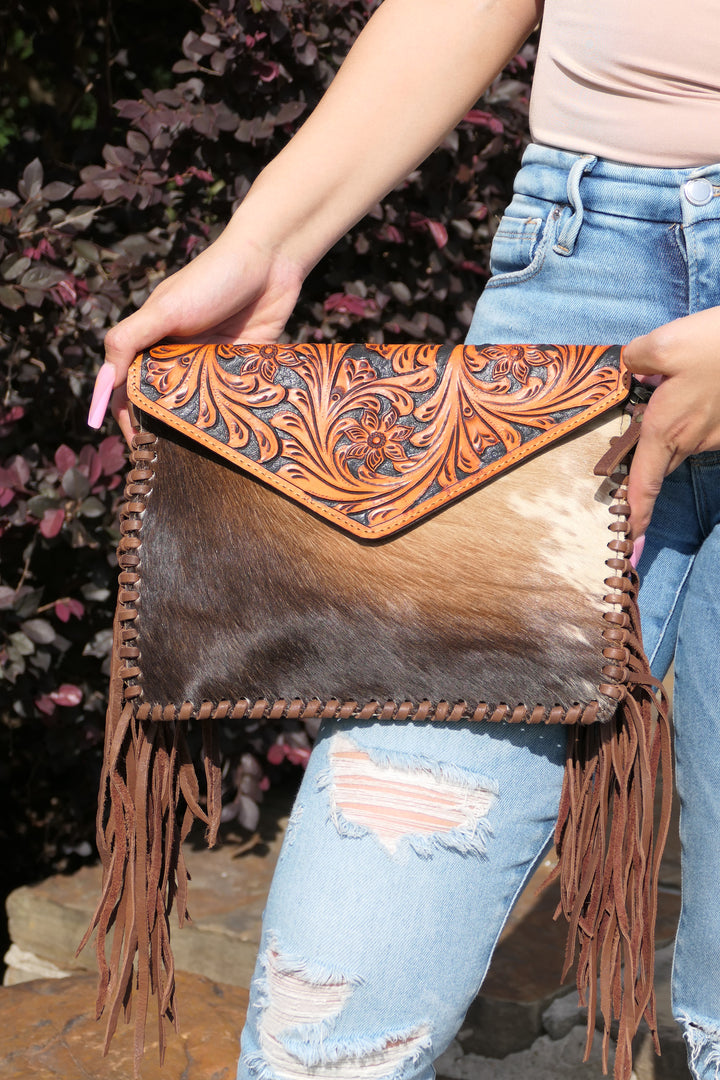 American Darling - Leather Tooled with Cowhide Crossbody with Fringes