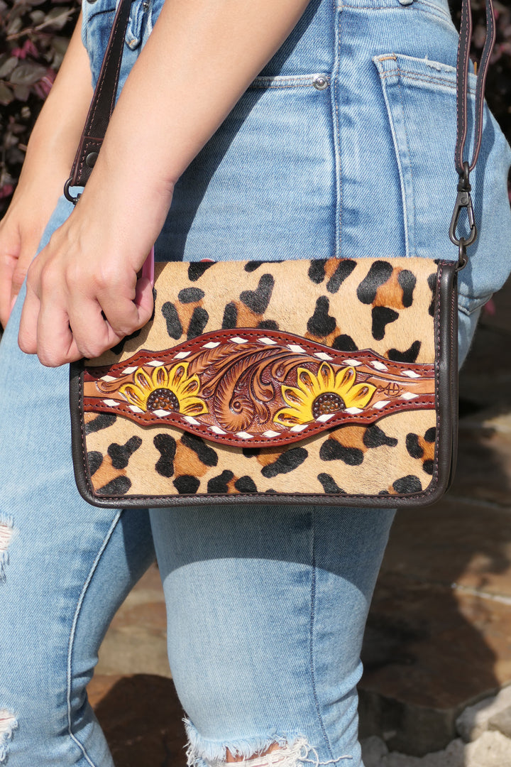 American Darling - Cheetah Sunflower Leather Tooled Clutch or Crossbody Bag
