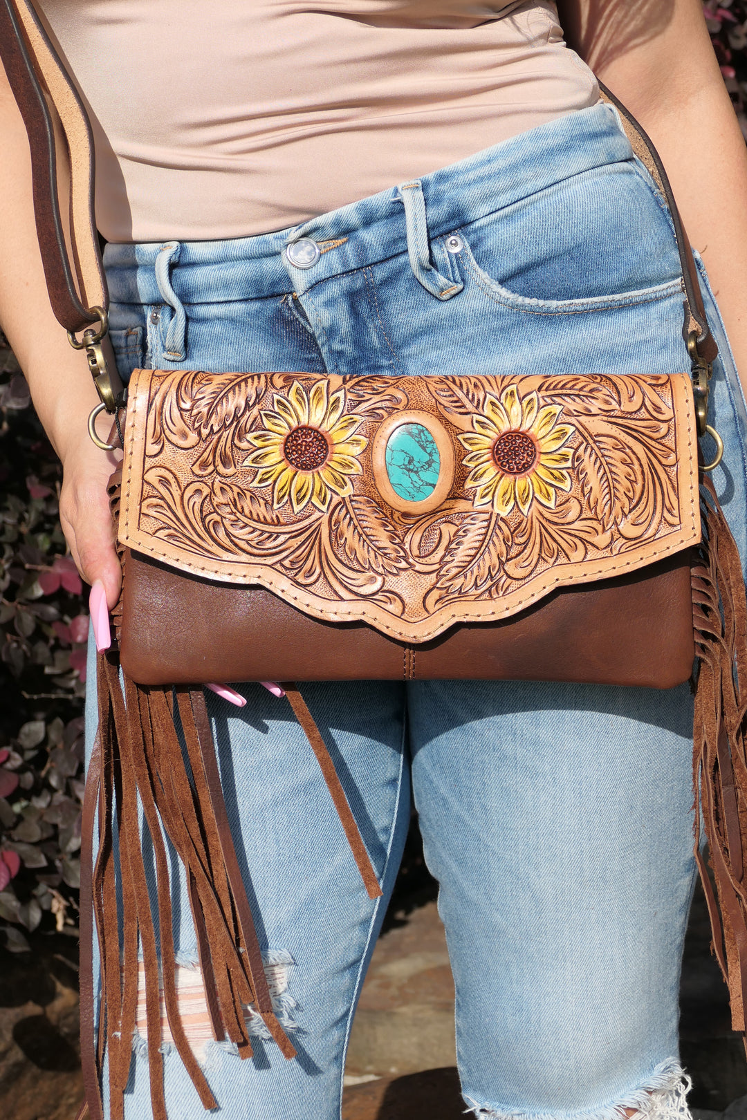 American Darling - Leather Tooled Sunflowers Crossbody or Clutch with Fringes