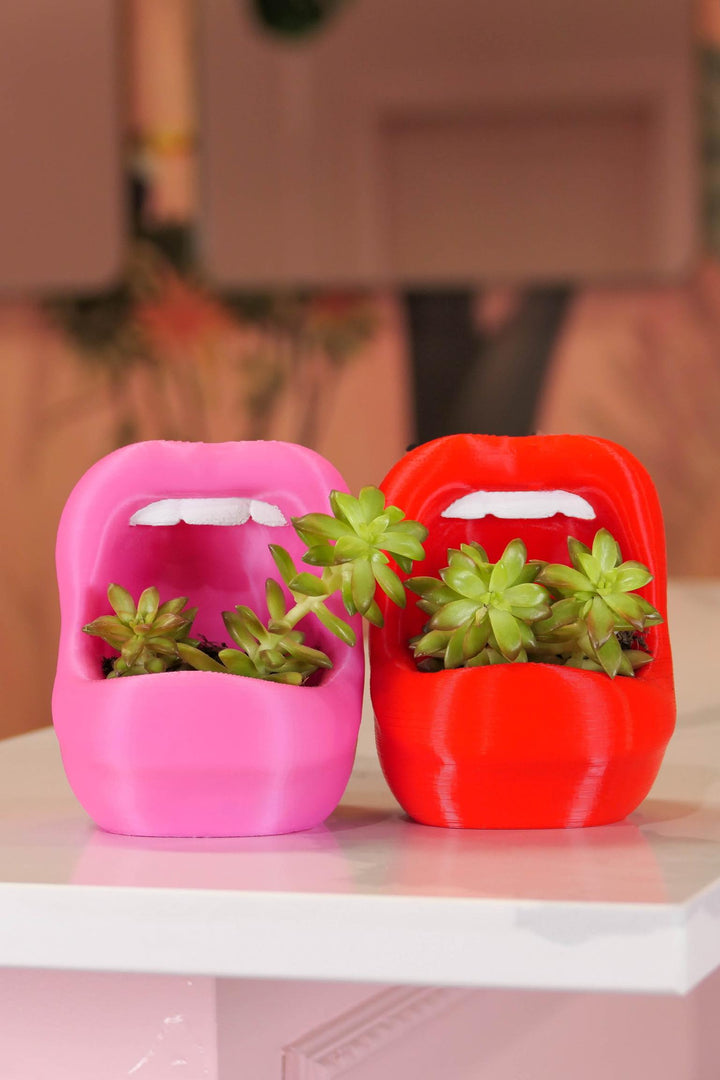 Peachy Pilea - 4 inch Vintage Lips Planter - Strawberry Red