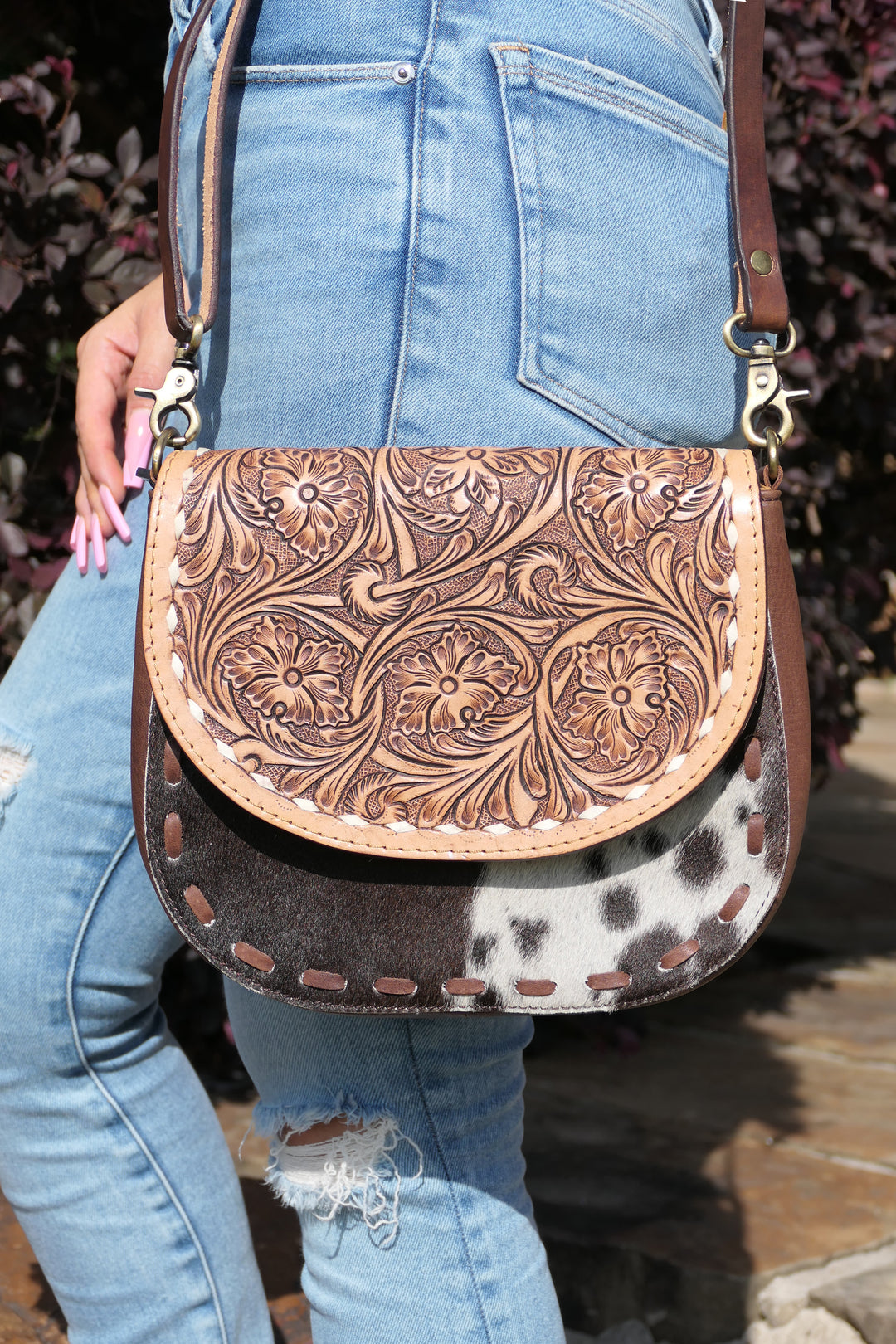 American Darling - Tooled Leather Crossbody with Brown and White Cowhide