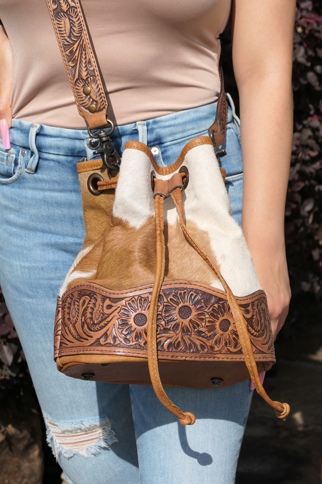 American Darling - Tooled Leather with Tan Cowhide Bucket Shoulder Bag