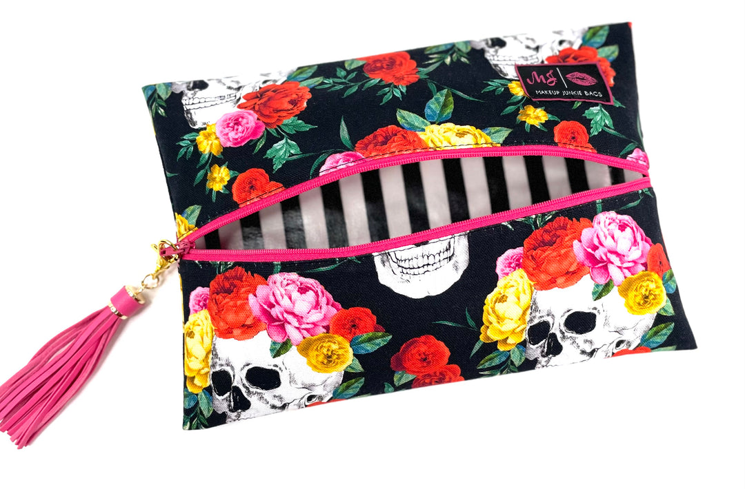 Makeup Junkie Bags - Floral Skulls Pink Zipper [Pre-Order] Glamfox Exclusive