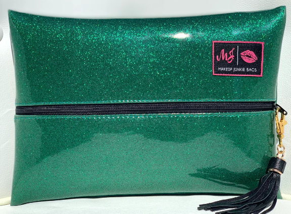 Makeup Junkie Bags - Emerald Green Glitter W/Black Zipper - [Pre-Order]
