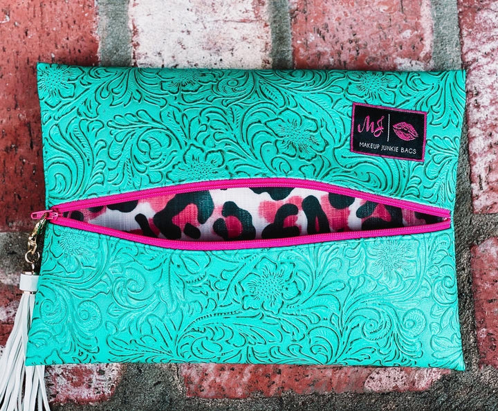 Makeup Junkie Bag - Turquoise Dream Hot Pink Zipper Cheetah Interior [Pre-Order]