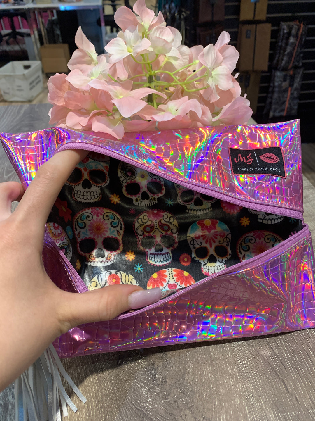 Makeup Junkie Bags - Holographic Pink Sugar Skulls [Pre-Order] Glamfox Exclusive
